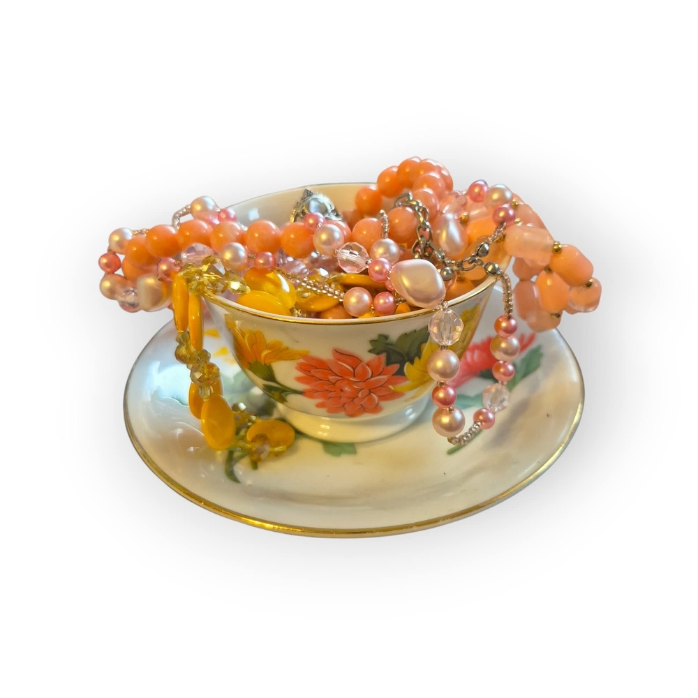 Vintage Avon Floral Cup And Saucer With Vintage Necklaces